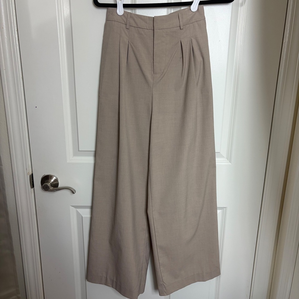 Tan Beige High Waisted Wide Leg Pleated Trousers Dress Pants Small MP4553G